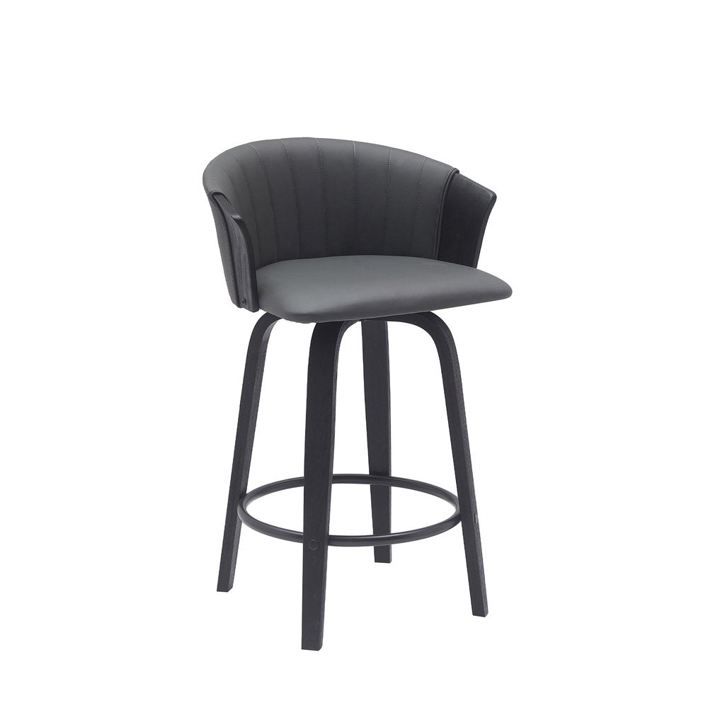 26" Gray And Black Faux Leather And Fabric And Wood Counter Height Swivel Bar Chair HomeRoots