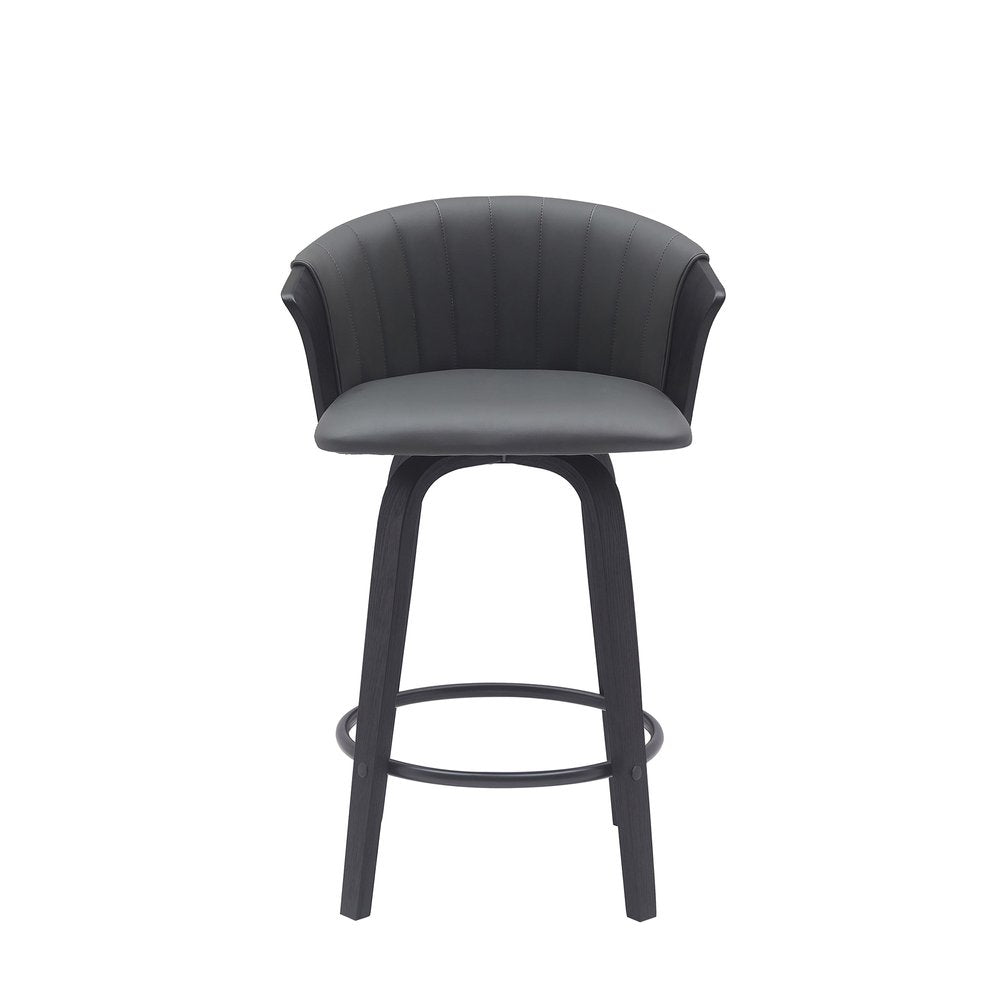 26" Gray And Black Faux Leather And Fabric And Wood Counter Height Swivel Bar Chair HomeRoots