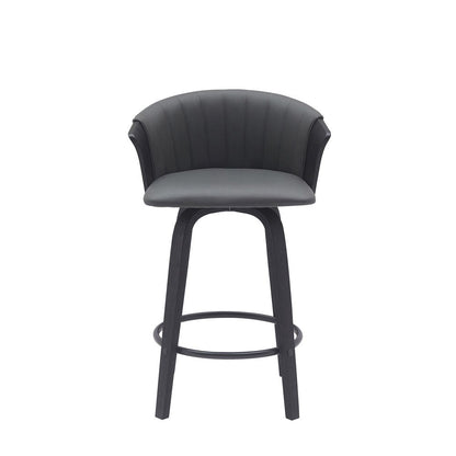 26" Gray And Black Faux Leather And Fabric And Wood Counter Height Swivel Bar Chair HomeRoots