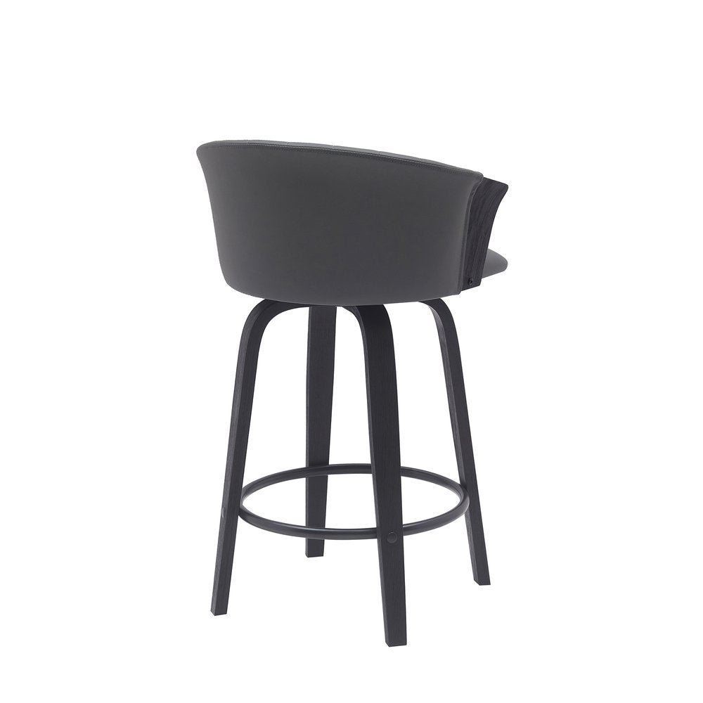 26" Gray And Black Faux Leather And Fabric And Wood Counter Height Swivel Bar Chair HomeRoots