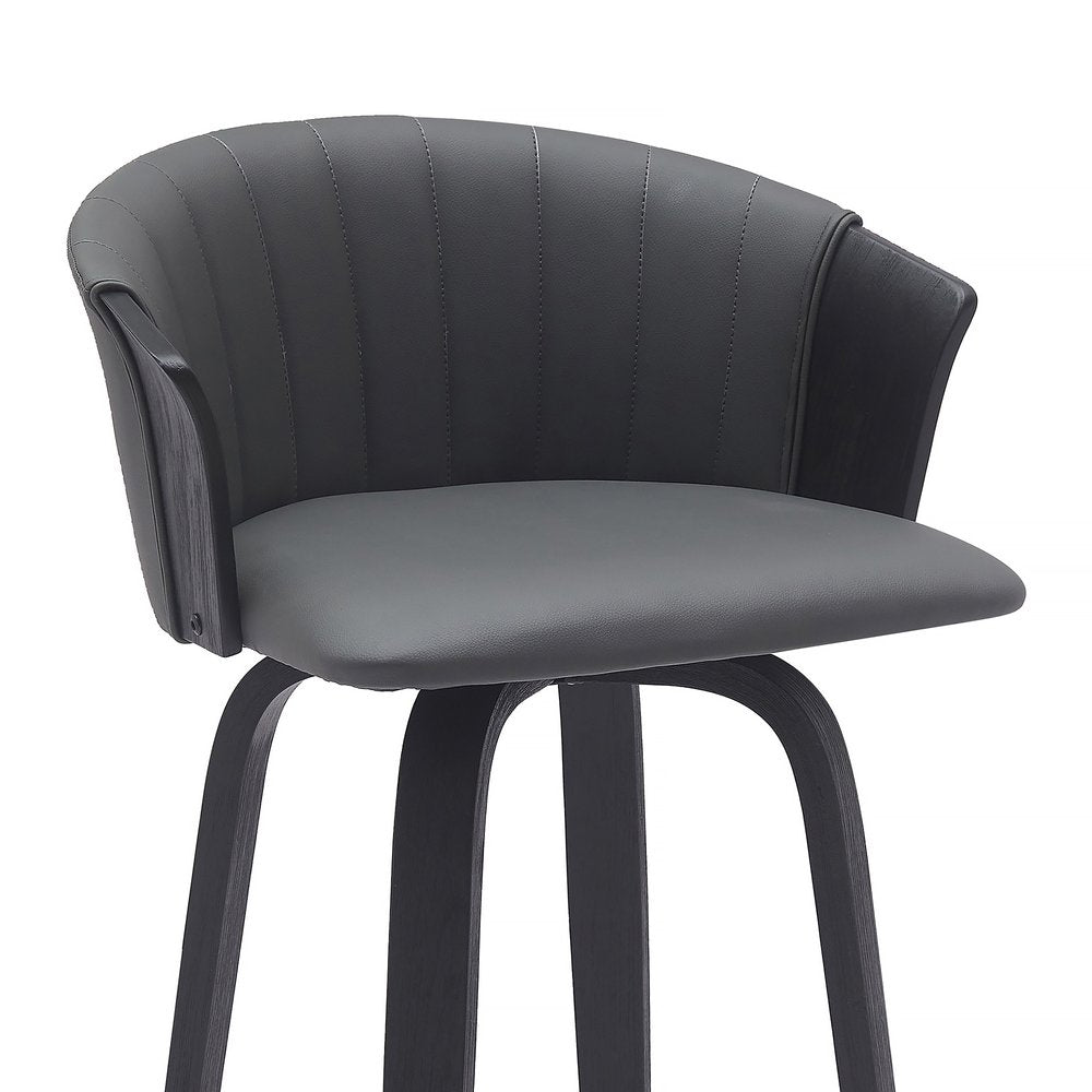 26" Gray And Black Faux Leather And Fabric And Wood Counter Height Swivel Bar Chair HomeRoots