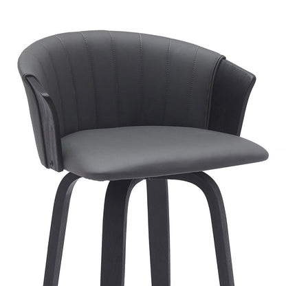26" Gray And Black Faux Leather And Fabric And Wood Counter Height Swivel Bar Chair HomeRoots