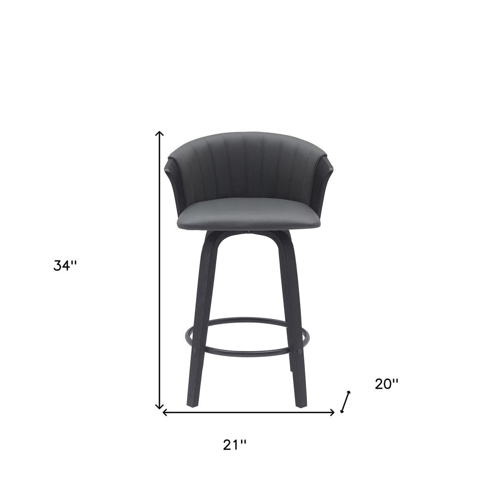 26" Gray And Black Faux Leather And Fabric And Wood Counter Height Swivel Bar Chair HomeRoots