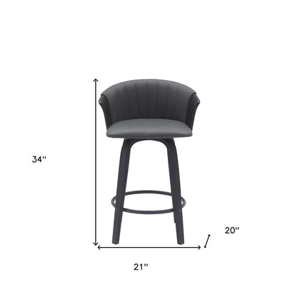 26" Gray And Black Faux Leather And Fabric And Wood Counter Height Swivel Bar Chair HomeRoots