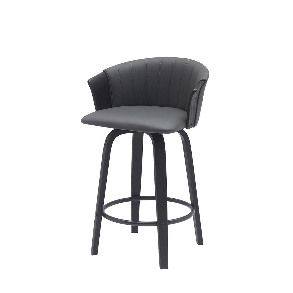 26" Gray And Black Faux Leather And Fabric And Wood Counter Height Swivel Bar Chair HomeRoots