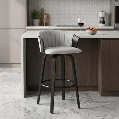 26" Light Gray And Black Fabric And Wood Counter Height Swivel Bar Chair HomeRoots