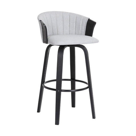 26" Light Gray And Black Fabric And Wood Counter Height Swivel Bar Chair