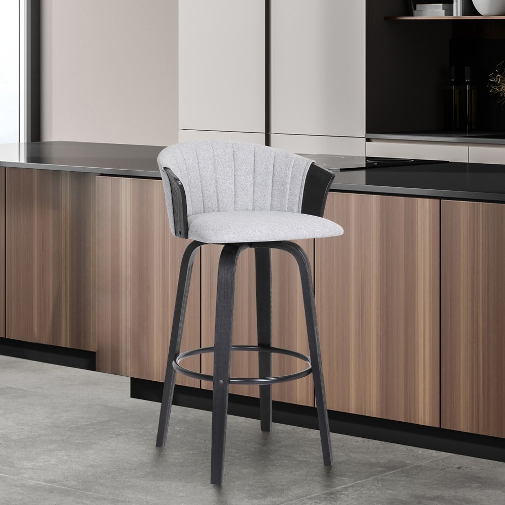 26" Light Gray And Black Fabric And Wood Counter Height Swivel Bar Chair HomeRoots