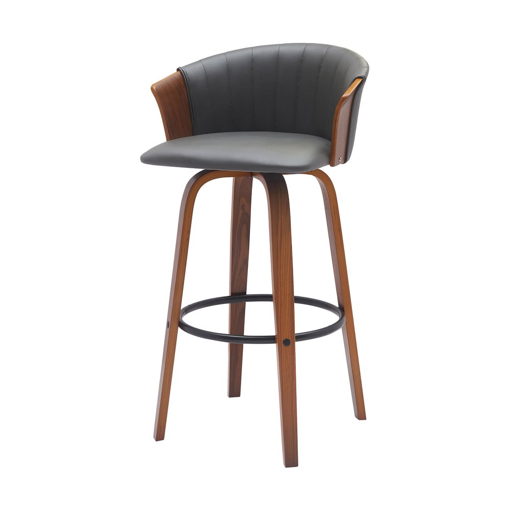 30" Gray And Brown Faux Leather And Fabric And Wood Bar Height Swivel Bar Chair HomeRoots