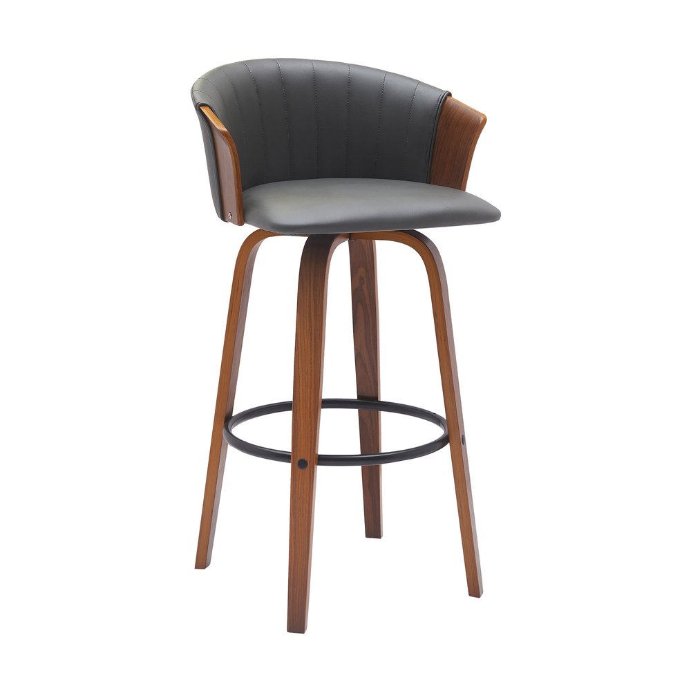 30" Gray And Brown Faux Leather And Fabric And Wood Bar Height Swivel Bar Chair HomeRoots