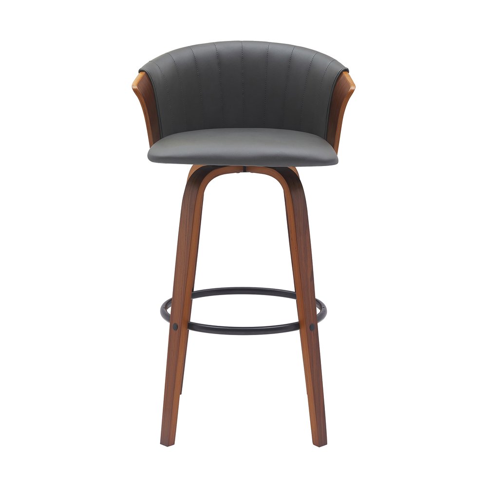 30" Gray And Brown Faux Leather And Fabric And Wood Bar Height Swivel Bar Chair HomeRoots