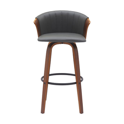 30" Gray And Brown Faux Leather And Fabric And Wood Bar Height Swivel Bar Chair HomeRoots