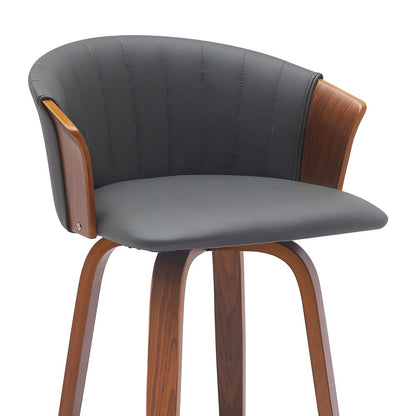 30" Gray And Brown Faux Leather And Fabric And Wood Bar Height Swivel Bar Chair HomeRoots