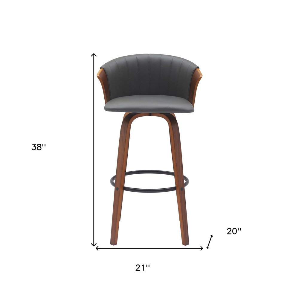 30" Gray And Brown Faux Leather And Fabric And Wood Bar Height Swivel Bar Chair HomeRoots