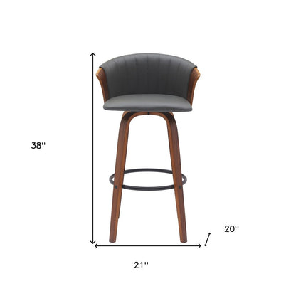 30" Gray And Brown Faux Leather And Fabric And Wood Bar Height Swivel Bar Chair HomeRoots