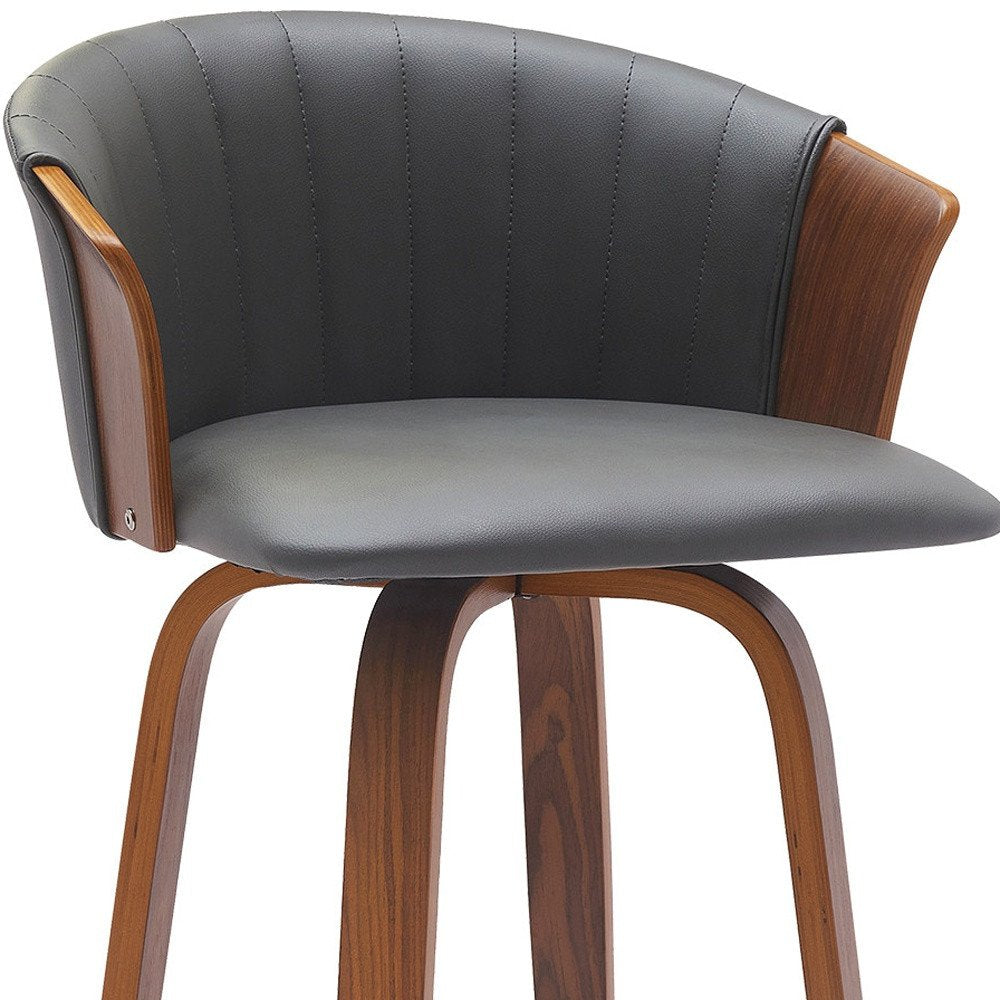 30" Gray And Brown Faux Leather And Fabric And Wood Bar Height Swivel Bar Chair HomeRoots