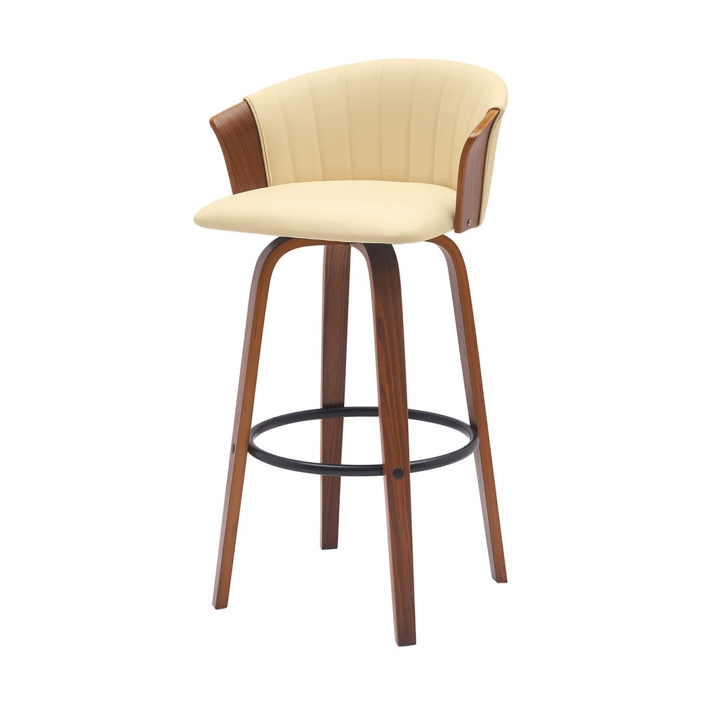 30" Cream And Brown Faux Leather And Fabric And Wood Bar Height Swivel Bar Chair HomeRoots