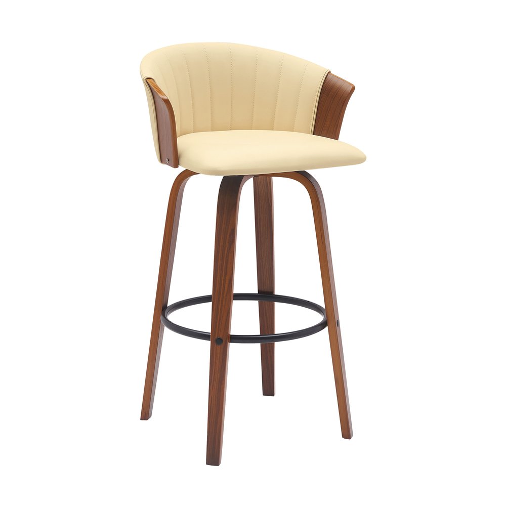 30" Cream And Brown Faux Leather And Fabric And Wood Bar Height Swivel Bar Chair HomeRoots
