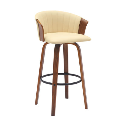 30" Cream And Brown Faux Leather And Fabric And Wood Bar Height Swivel Bar Chair HomeRoots