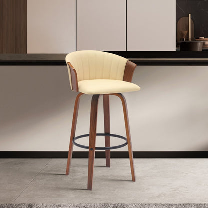 30" Cream And Brown Faux Leather And Fabric And Wood Bar Height Swivel Bar Chair HomeRoots