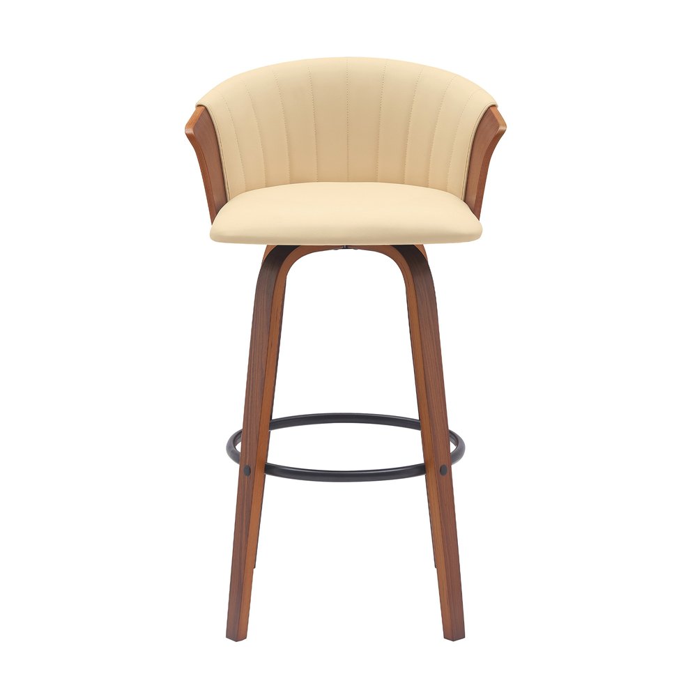 30" Cream And Brown Faux Leather And Fabric And Wood Bar Height Swivel Bar Chair HomeRoots