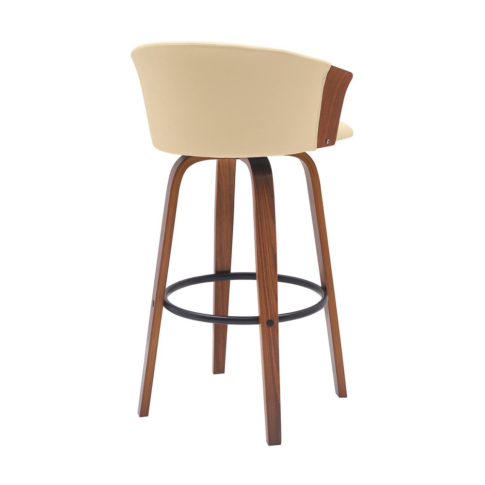 30" Cream And Brown Faux Leather And Fabric And Wood Bar Height Swivel Bar Chair HomeRoots