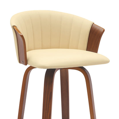 30" Cream And Brown Faux Leather And Fabric And Wood Bar Height Swivel Bar Chair HomeRoots