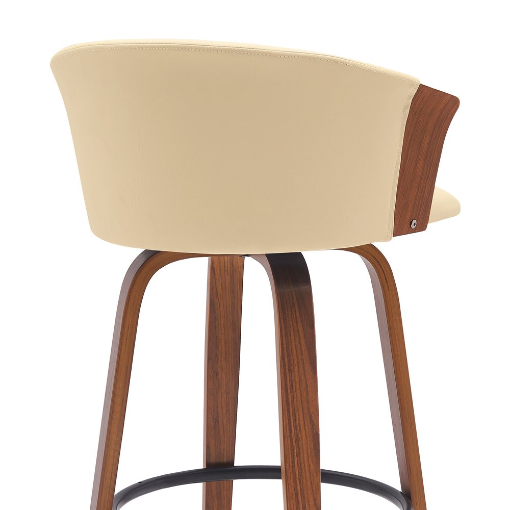 30" Cream And Brown Faux Leather And Fabric And Wood Bar Height Swivel Bar Chair HomeRoots