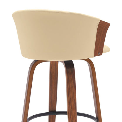 30" Cream And Brown Faux Leather And Fabric And Wood Bar Height Swivel Bar Chair HomeRoots