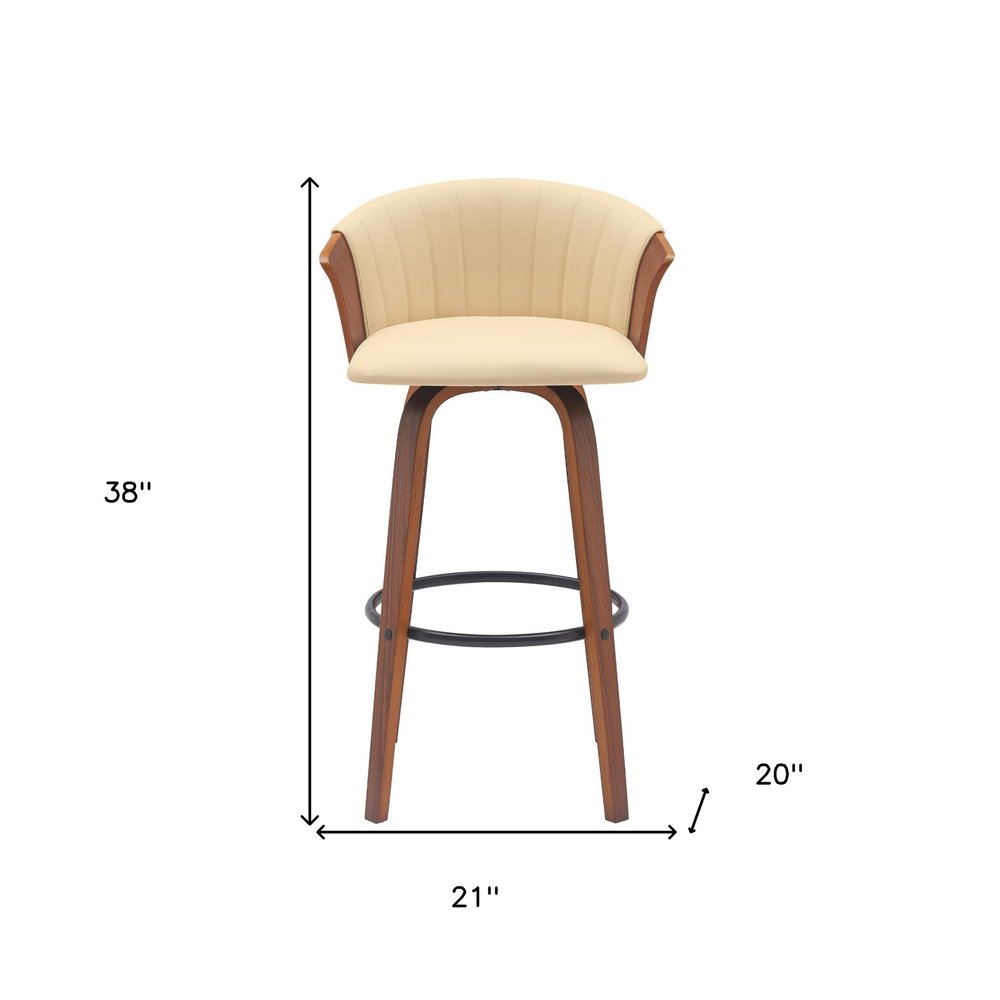 30" Cream And Brown Faux Leather And Fabric And Wood Bar Height Swivel Bar Chair HomeRoots