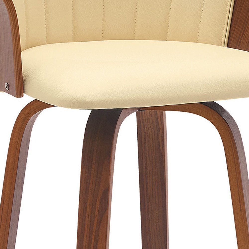 30" Cream And Brown Faux Leather And Fabric And Wood Bar Height Swivel Bar Chair HomeRoots