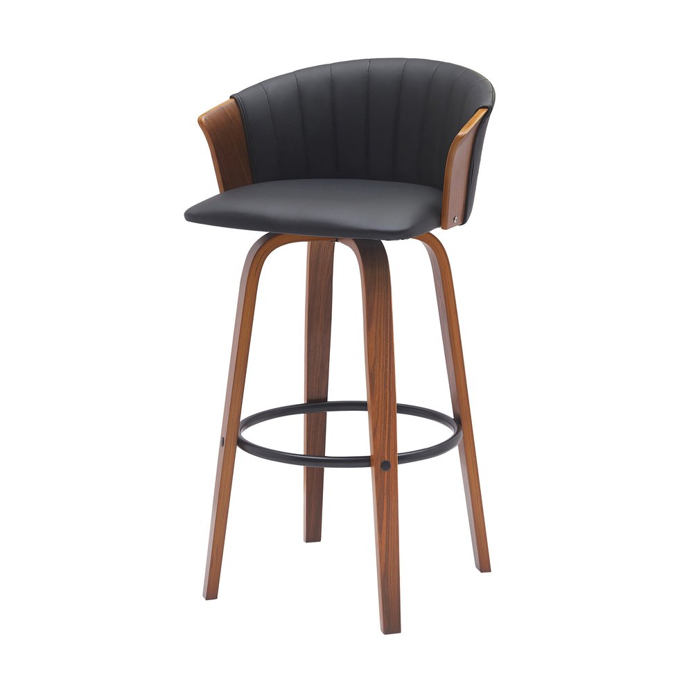 30" Black And Brown Faux Leather And Fabric And Wood Bar Height Swivel Bar Chair HomeRoots