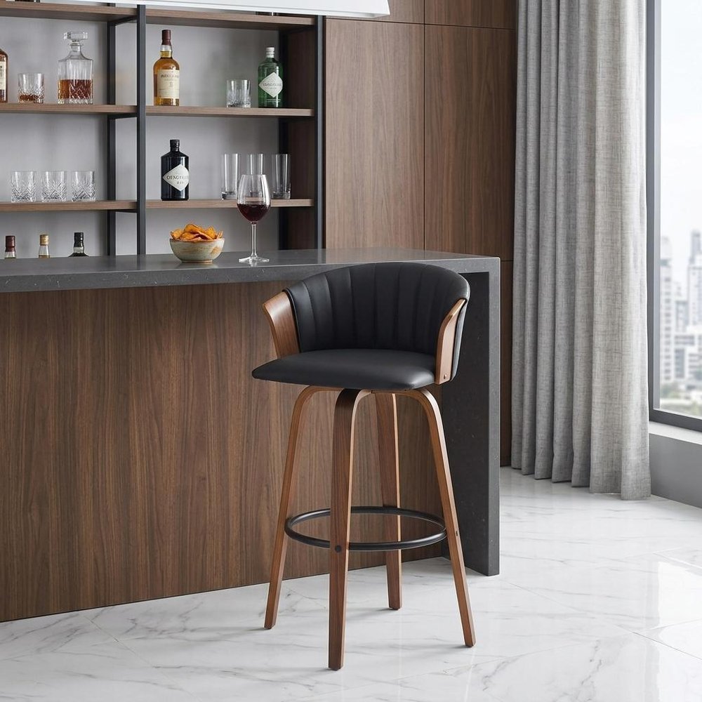 30" Black And Brown Faux Leather And Fabric And Wood Bar Height Swivel Bar Chair HomeRoots