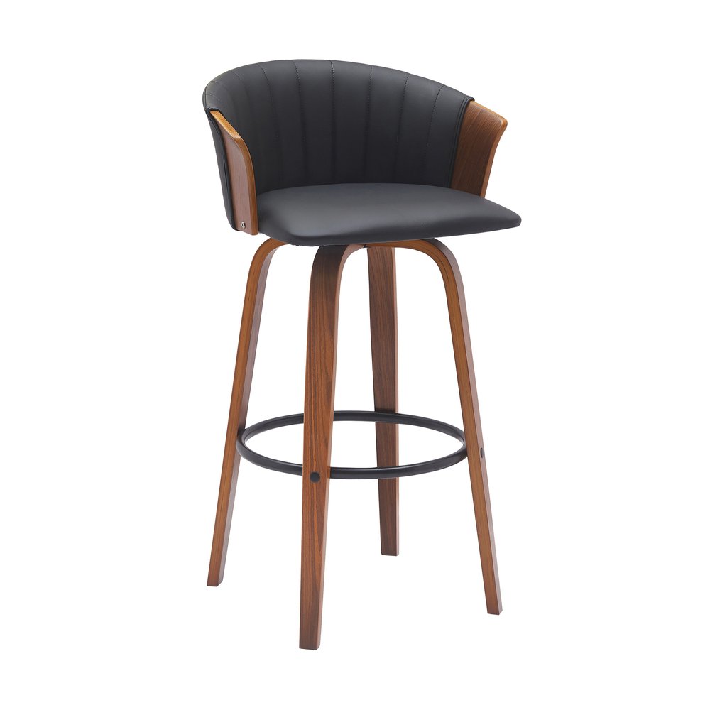 30" Black And Brown Faux Leather And Fabric And Wood Bar Height Swivel Bar Chair HomeRoots