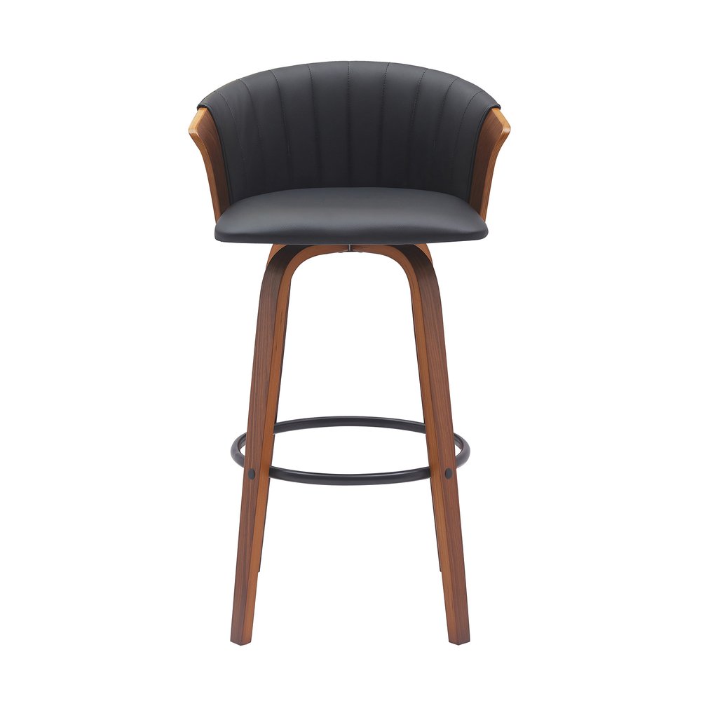 30" Black And Brown Faux Leather And Fabric And Wood Bar Height Swivel Bar Chair HomeRoots