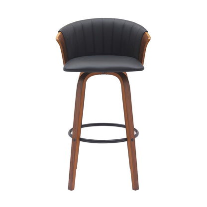 30" Black And Brown Faux Leather And Fabric And Wood Bar Height Swivel Bar Chair HomeRoots