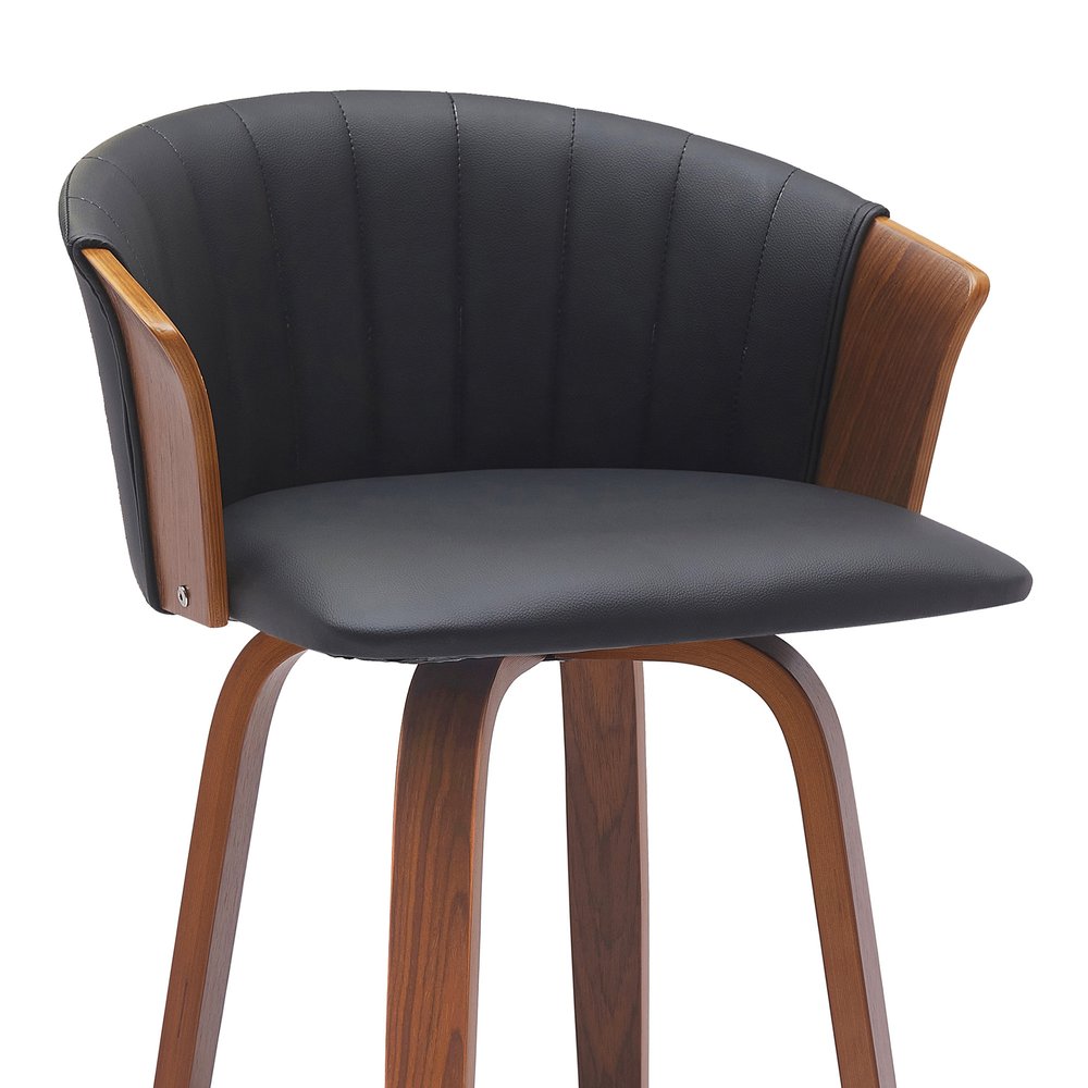30" Black And Brown Faux Leather And Fabric And Wood Bar Height Swivel Bar Chair HomeRoots