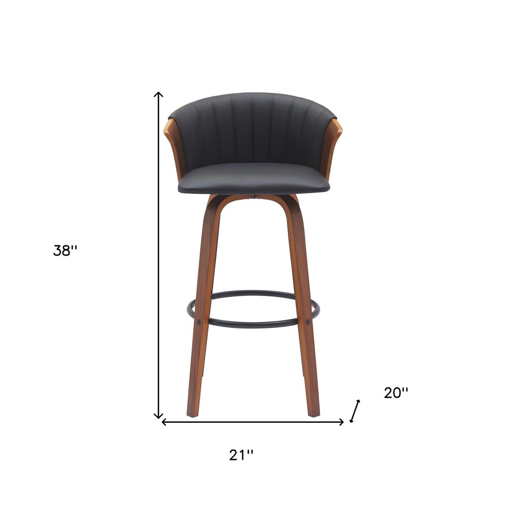 30" Black And Brown Faux Leather And Fabric And Wood Bar Height Swivel Bar Chair HomeRoots