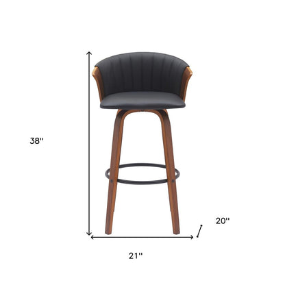 30" Black And Brown Faux Leather And Fabric And Wood Bar Height Swivel Bar Chair HomeRoots