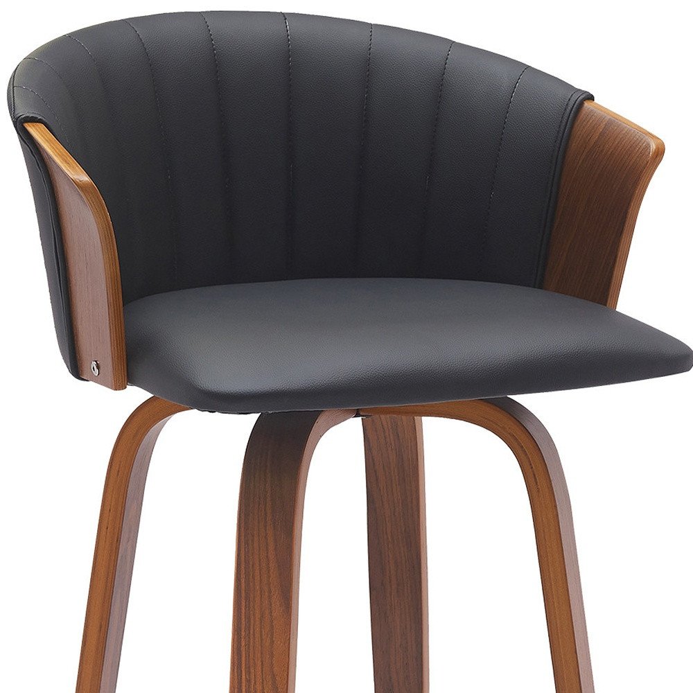 30" Black And Brown Faux Leather And Fabric And Wood Bar Height Swivel Bar Chair HomeRoots