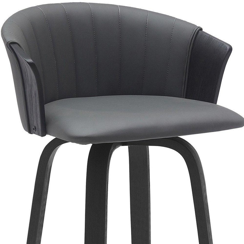 30" Gray And Black Faux Leather And Fabric And Wood Bar Height Swivel Bar Chair HomeRoots