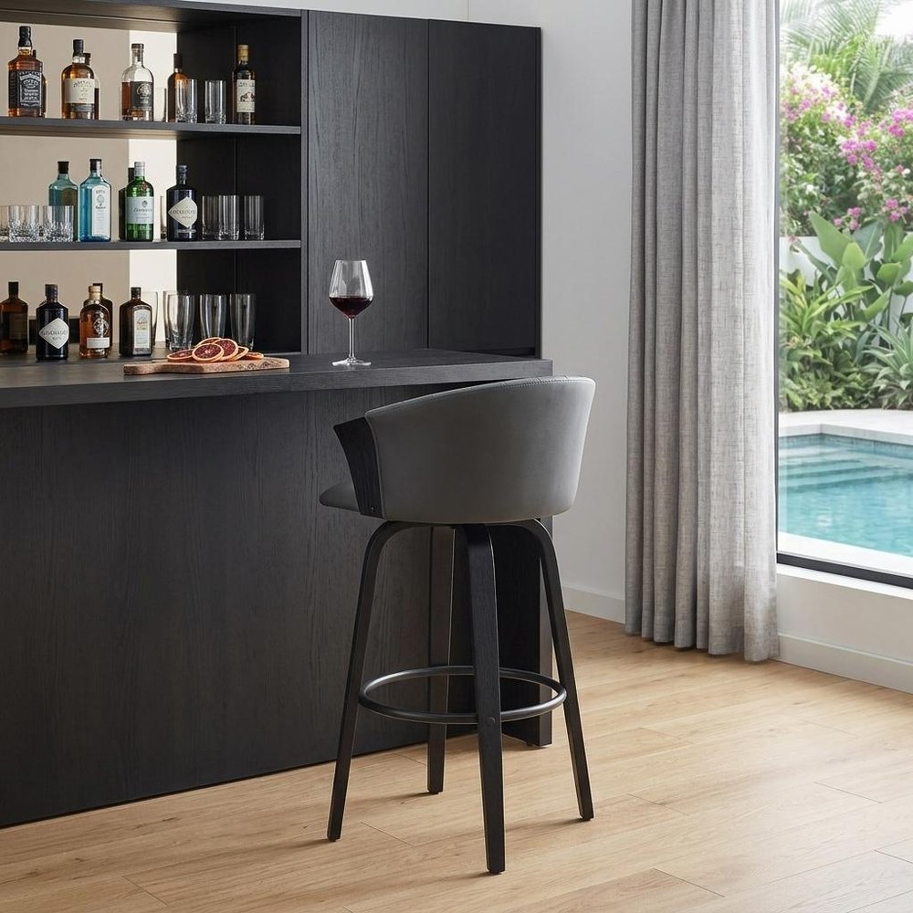 30" Gray And Black Faux Leather And Fabric And Wood Bar Height Swivel Bar Chair HomeRoots