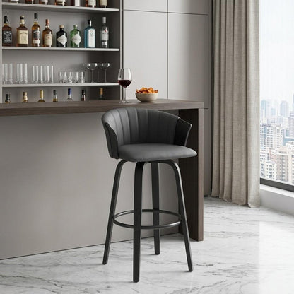30" Gray And Black Faux Leather And Fabric And Wood Bar Height Swivel Bar Chair HomeRoots