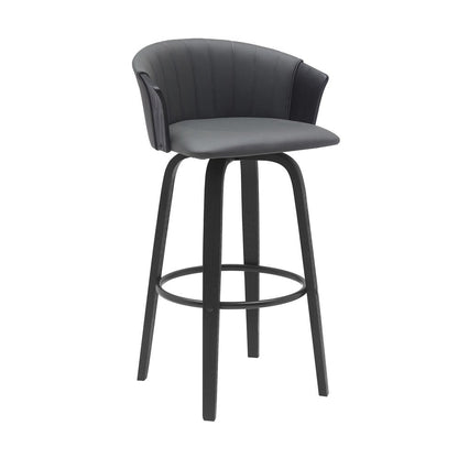 30" Gray And Black Faux Leather And Fabric And Wood Bar Height Swivel Bar Chair HomeRoots