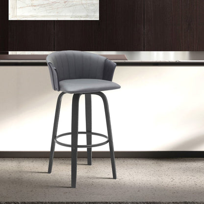 30" Gray And Black Faux Leather And Fabric And Wood Bar Height Swivel Bar Chair HomeRoots