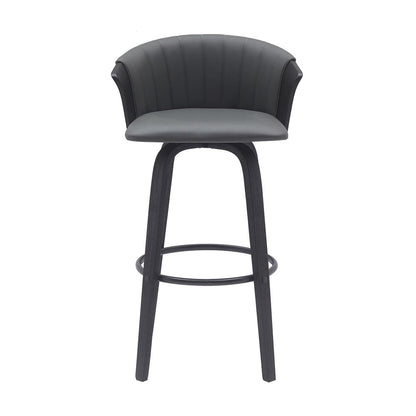 30" Gray And Black Faux Leather And Fabric And Wood Bar Height Swivel Bar Chair HomeRoots
