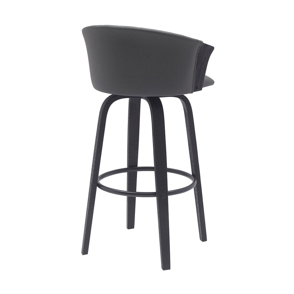 30" Gray And Black Faux Leather And Fabric And Wood Bar Height Swivel Bar Chair HomeRoots