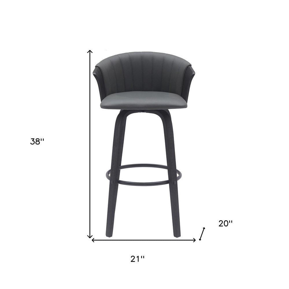 30" Gray And Black Faux Leather And Fabric And Wood Bar Height Swivel Bar Chair HomeRoots