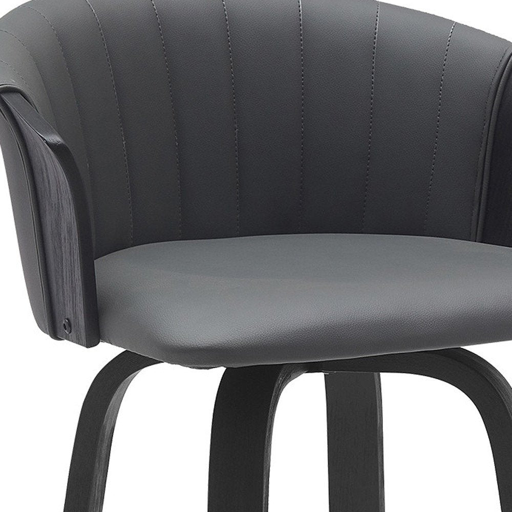 30" Gray And Black Faux Leather And Fabric And Wood Bar Height Swivel Bar Chair HomeRoots