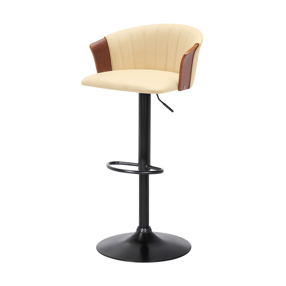 Cream And Black Faux Leather And Fabric And Metal Adjustable Height Swivel Bar Chair HomeRoots